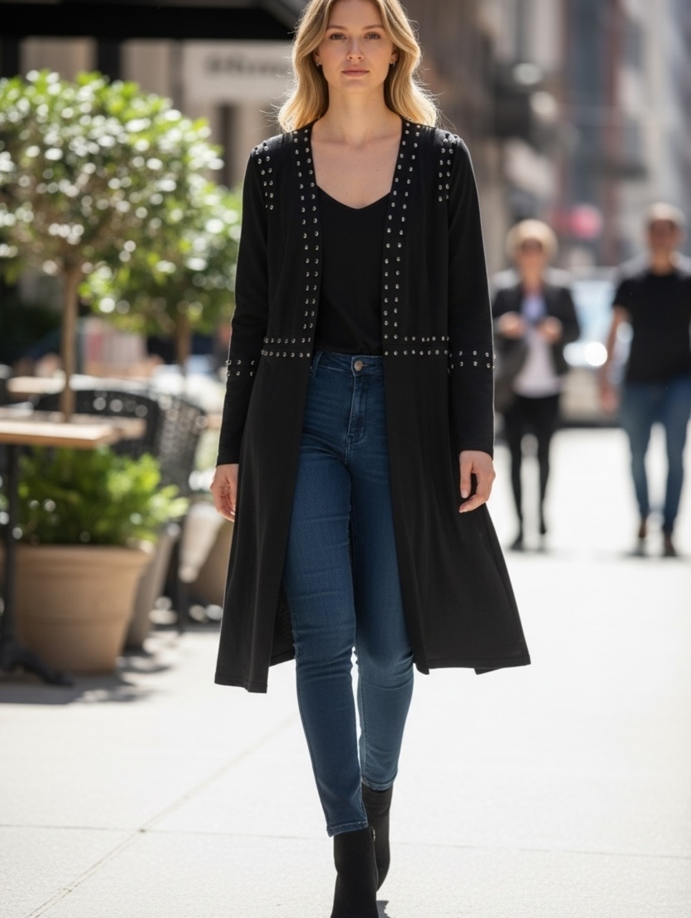 Vocal Black Long Cardigan with Studded Detail